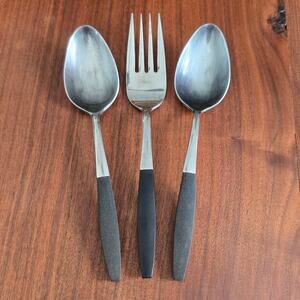 Vintage Kingston Stainless Serving Meat Fork Spoons Japan Flatware Black Canoe